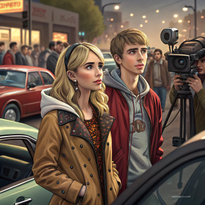 Emma Roberts and Miles Heizer on the bustling set of 'Nerve'. Emma stands still, Miles beside her. Numerous crew members and cars in the background.