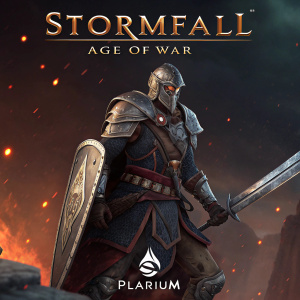 In-game character from Stormfall: Age of War, armored warrior with detailed medieval outfit, wielding massive sword, set against dark, fiery background, logo of Plarium present.