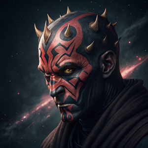 Close-up of Darth Maul's face, intense expression. Dark background with galaxy swirls.
