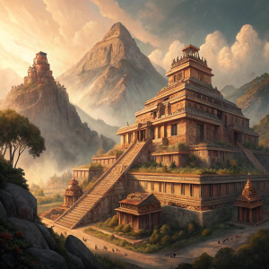 Digital illustration of a fantasy Mesoamerican mountain temple concept art. Intricate architecture, warm tones, and grand design. Multiple sections showcasing different stages from sketch to detailed render.