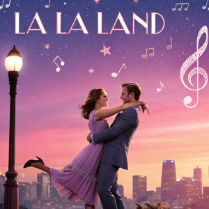 Movie poster for 'La La Land', vibrant and colorful, featuring Emma Stone and Ryan Gosling.