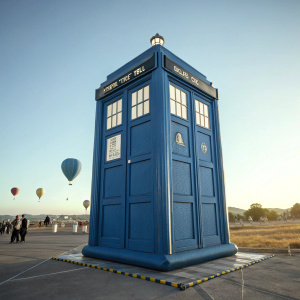 A promotional image featuring a massive blue inflatable TARDIS from Doctor Who. The iconic police box design with multiple small windows is prominently displayed.