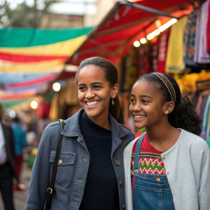 Malia Obama and Sasha Obama, smiling, at a busy marketplace. Vibrant stalls and colorful fabrics in the background.