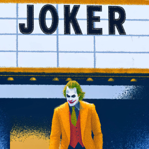 Joaquin Phoenix as Joker in a pixelated, retro video game style. Bright neon colors with the title 'JOKER' in bold, black font