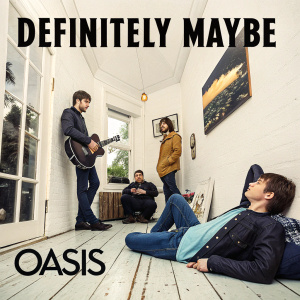 Album artwork for 'Definitely Maybe' by Oasis. The design features a collage of candid photos of the band members against a stark white background. The album title and band name are prominently displayed in bold, clear letters.