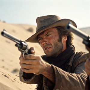 Close-up shot of Clint Eastwood, starring in a gritty western film. Sandy desert background, holding two pistols, intense gaze
