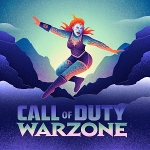 Dynamic promotional artwork for 'Call of Duty: Warzone'. A fierce female protagonist mid-air above rugged terrain. She sports punk-inspired style, with intricate tattoos and fiery red hair streaks. The title 'Call of Duty: WARZONE' is boldly displayed at the bottom.