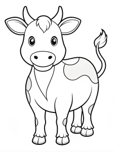 Coloring page for toddlers, very simple coloring page, black and white, no details, just outline black lines, no color, cow, The white background