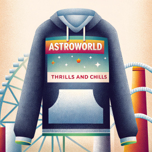 An image showcasing a black hoodie from the Astroworld collection. It features a large front graphic with 'ASTROWORLD' and 'THRILLS AND CHILLS' text. The hoodie includes a drawstring hood and vibrant badge details.