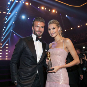 David Beckham, in a sleek black tuxedo, accepts the prestigious sportsmanship award at the gala. Lena Gercke, his date, dazzles in a shimmering, pastel gown. Flashing cameras and vibrant stage lights illuminate the venue.