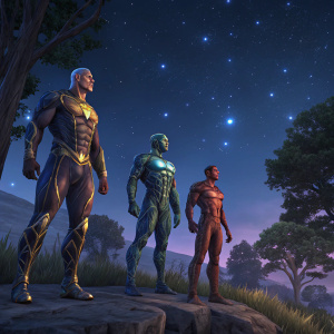 In the vibrant digital world of EverQuest Next/Landmark, a parade of characters converges under the night sky. Each figure, uniquely crafted, showcases a spectrum of body types and colors, embodying the game's rich diversity. Their meticulously detailed muscles gleam, a stunning tribute to the artistry of human creation.