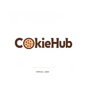 Modern logo design for Cookiehub. The name 'Cookiehub' in bold, brown font with a small circular icon beside it. Additional text 'Official Logo' in the footer.