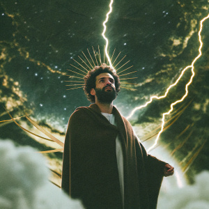 Illustration of Mohamed Salah, crowned, standing amidst a stormy, divine backdrop. Lightning and angelic motifs.