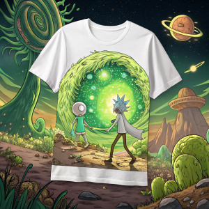 Rick and Morty portal graphic tee, vibrant green alien landscape background. Detailed illustration, classic fit, crew neckline