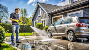мужчина моет свою машину KARCHER на заднем дворе дома, вид сдалека 