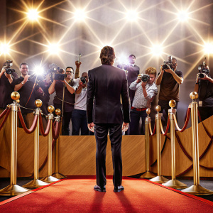 Amitabh Bachchan, in a sleek black suit, at a bustling film festival. Vibrant red carpet, surrounded by flashing cameras and enthusiastic fans.