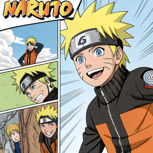 A vivid manga panel showcasing Naruto Uzumaki across various stages. Charming expressions and dynamic movements. Speech bubbles carry the narrative.