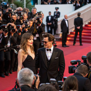 Dakota Johnson and Johnny Depp at the Cannes Film Festival premiere. A bustling red carpet scene with flashing cameras.