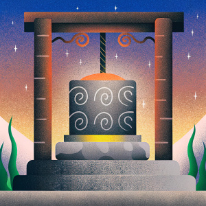 Digital illustration of an Aztec-inspired stone altar. Central stone structure, swirling water patterns, stone pillars, warm glowing aura, brown and gray colors, water glow effect, traditional Aztec art blended with modern digital design.