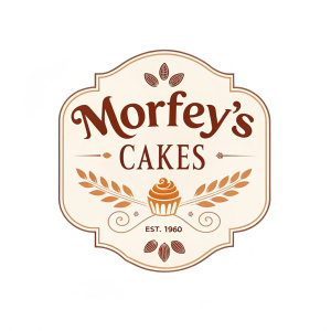 Vintage bakery logo for Morfey's Cakes. Established in 1960, features 'Morfey’s Cakes' in a sophisticated serif font atop 'Est. 1960'. Brown tones, elegant design.