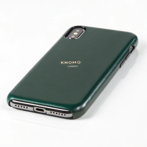Dark green KNOMO London iPhone case. Close-up shot. Sleek design, slim profile. Brand name visible. White background.