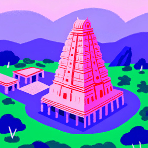 Aerial view of the Virupaksha Temple in Hampi, Karnataka, India. Ancient multi-tiered structure with intricate carvings. Lush green surroundings, dotted with smaller temples. Sacred site for pilgrims and tourists.