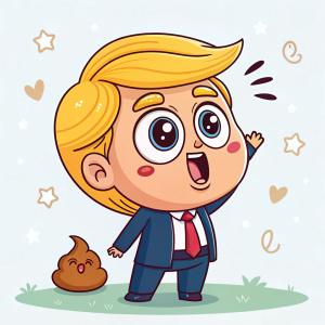 Chibi-style cartoon illustration of Donald Trump. Depicting him with a humorous throwing-up expression. Bright colors, light background