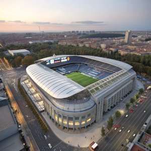 Interactive 3D map of Santiago Bernabeu Stadium.