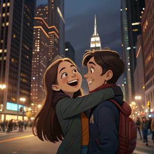 Two animated characters, a female with long brown hair and a joyful smile, and a male with short, styled hair, embracing each other on a bustling city street at night.