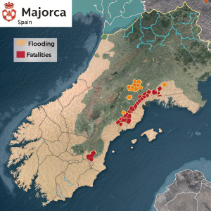 Interactive digital map of Majorca, Spain. Flooding and fatalities clearly marked. Legend distinguishes between flooded regions and towns with fatalities. Detailed labeling of affected areas. Geographical layout prominently featured.