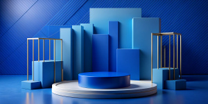 Mockup podium for product presentation, blue abstract geometry 3d render, 3d illustration