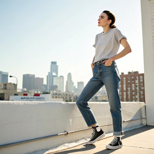 Rooney Mara, standing confidently in casual attire. T-shirt, jeans, sneakers. Outdoors, bright sunlight, cityscape in background.