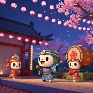 Virtual characters from Taiko no Tatsujin, featuring traditional Japanese designs, in a vibrant, digital stage setup.