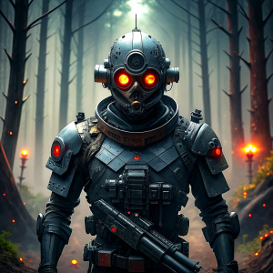 sci fiction roboter in black with monster head and guns in the forest