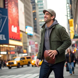 Aaron Rodgers, in casual wear, stands on a bustling city street. He's holding a football, smiling widely.
