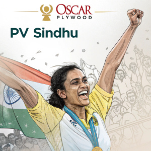 Digital illustration showcasing PV Sindhu, Indian badminton player, celebrating her first CWG gold medal victory. Festive crowd in the background. Sketch combines cartoon elements with detailed drawing. Oscar Plywood logo at top with event details.