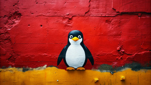 Wallpaper minimal "LINUX" Logo, in the style of street art aesthetic, cute cartoonish designs, photo-realistic techniques, dark red, Childhood and Arcadia, anime aesthetic, cartoon-like