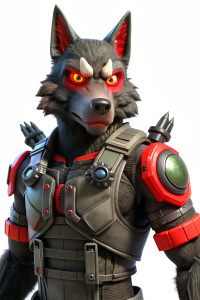 lobo negro antropomorfo ojo robótico, con mira telescópica de color rojo pensando con una pata en el mentón, y una mirada sarcástica, fondo blanco, pata de lobo con pelos y garra, sonrisa, la pata mas parecida a la de un lobo, ojo robótico, chaleco  camuflado de ejercito CAMUFLADO, con un arma un brazo robótico un ojo robótico