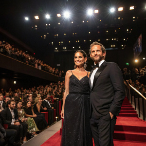 Jessica Ciencin Henriquez and Josh Lucas, elegantly dressed, center stage at the Hollywood premiere. Audience in the background.