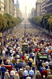 close-up Farmers strike in city. People on strike protesting protests against tax increases, abolition of benefits by standing next to tractors on big city street from Spain