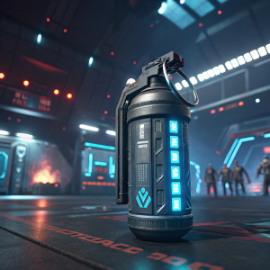 Concept art of an EMP grenade in a futuristic setting. Part of Splitgate Arena Warfare game