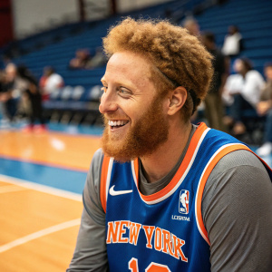 Justin Turner, the friendly Westchester Knicks player, in a blue and orange jersey, NBA logo visible. Smiling widely.