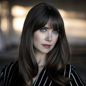 Alison Brie, in medium close-up, showcasing her long brown hair and striking blue eyes. She's dressed in a black and white striped blouse. The blurred background has a soft, warm glow, with emphasis on her facial expression and upper body.