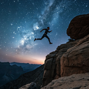 Wilykit-inspired character leaping from a rugged cliff face. Nighttime scene, dark sky filled with stars.