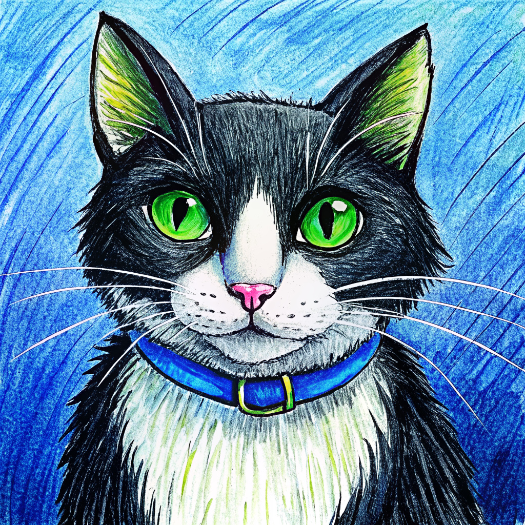 gato blano y negro con collar azul y ojos verdes