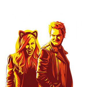 Promotional image for Clash Royale featuring a woman with long blonde hair and a playful expression, wearing a feline-inspired headband, alongside a man with red hair in a leather jacket, both exuding a vibrant and energetic vibe.