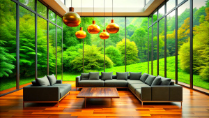 A modern living room with high ceilings and picture windows offering a panoramic view of the lush greenery outside. The interior features a dark, minimalist color scheme, with a large, plush sofa in the center, a flat-screen TV mounted against the glass wall, and stylish wooden flooring. Hanging from the ceiling is a series of copper-colored spherical pendant lights, adding a warm glow to the space. The atmosphere is cozy and luxurious, perfect for relaxing or receiving guests. In the center of 