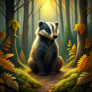 a badger sitting in a woodland