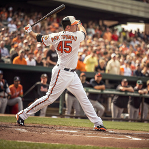 Mark Trumbo, in a striking batting stance. His Baltimore Orioles jersey number 45 stands out. Crowd of spectators in the background. Thrilling moment at a baseball stadium.