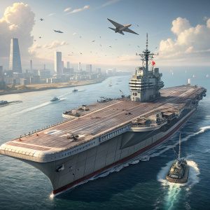 Advanced 3D rendering of the IJN Hiryu, a Japanese aircraft carrier. Detailed blueprints and textures. Futuristic background